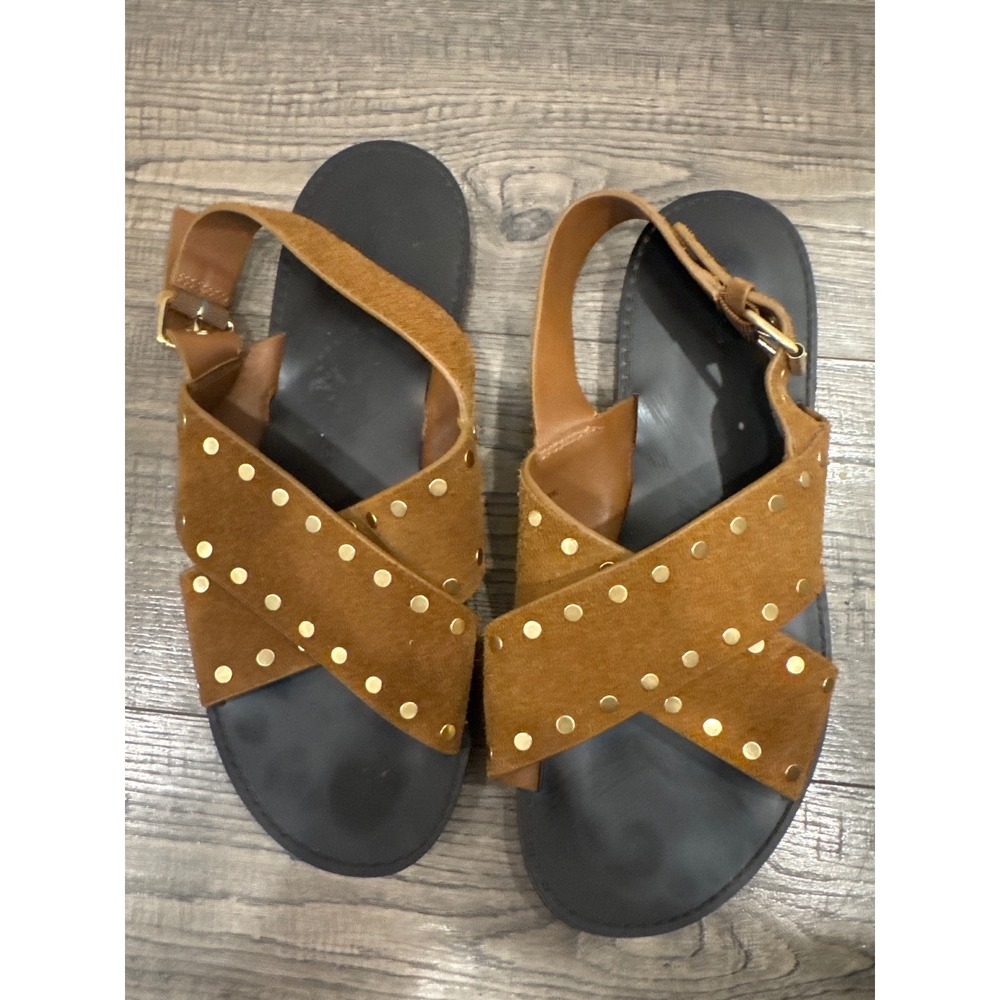 Madewell Kiera Crisscross Studded Suede Sandals English Saddle NU911 Size 9